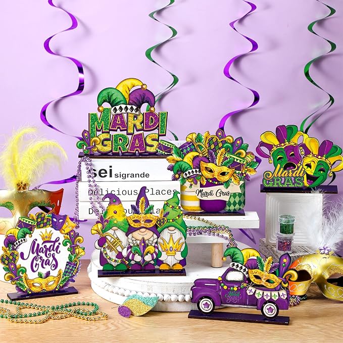 Cinnvoice 6 Pcs Mardi Gras Table Decorations Wooden Table Centerpieces Rustic Wood Tabletop Sign Decorations for Home Kitchen Office Farmhouse Desk Shelves Party Tiered Tray Decor
