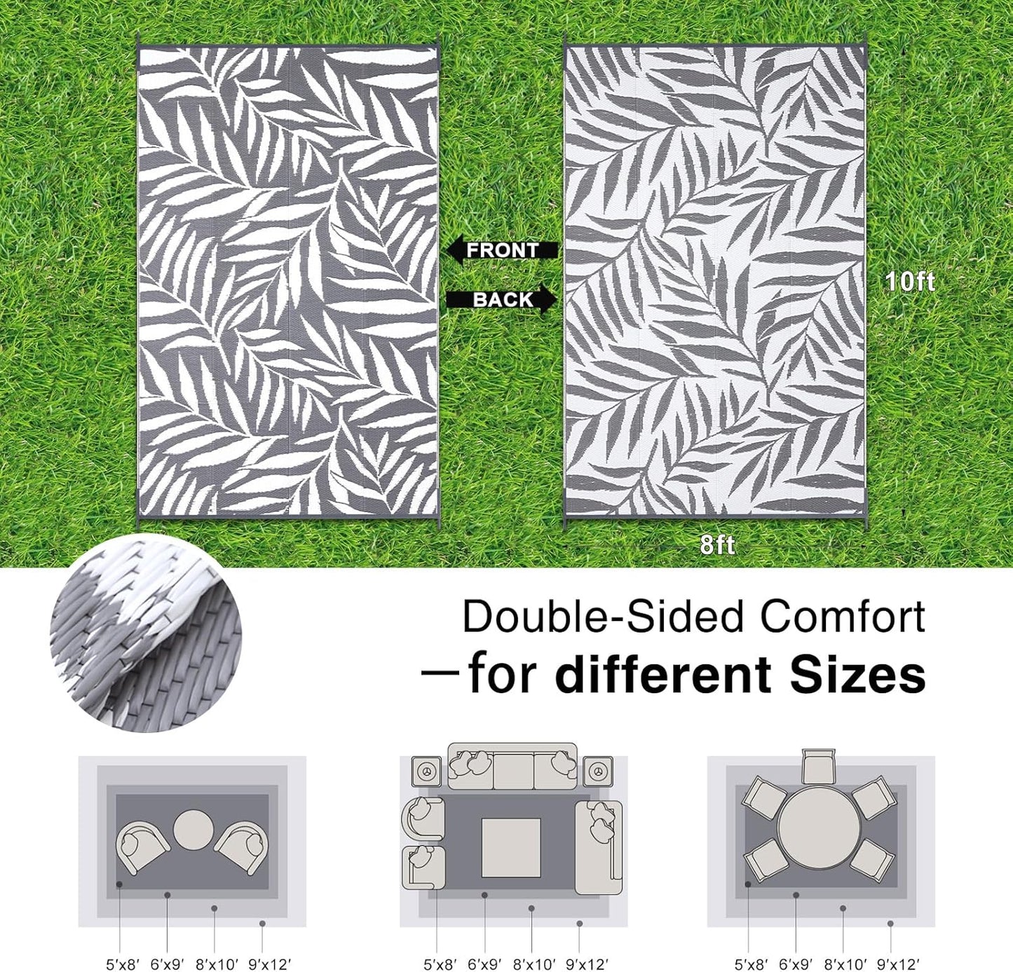 OLANLY Waterproof Outdoor Rug 8x10 ft, Reversible Outdoor Plastic Straw Rug with Leaf Pattern, RV Mat, Indoor Outdoor Carpet for Patio, Camping, Balcony, Deck, Backyard, Grey & White