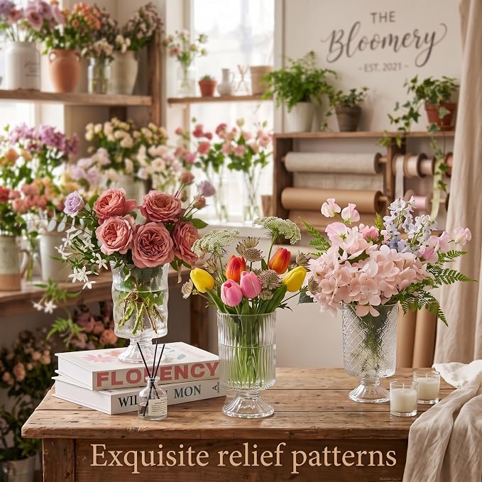 6 Pcs (H: 7" W: 4") Embossed Flower Vase Pedestal Glass Vase Big Base Thickened Crystal Vintage Vases for Wedding Party Home Decor Table Centerpiece House Warming Gifts (Clear,Classic)