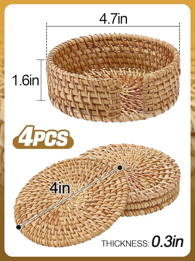 4pcs Natural Handmade Rattan Coasters with Holder - Wicker Drink Coasters Set for Protecting Table, Housewarming Gifts Boho Fall Home Coastal Decor