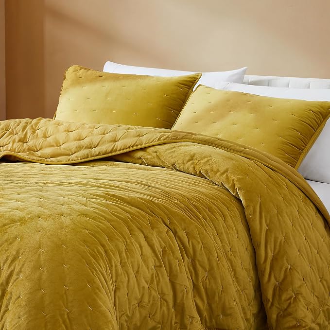 Lush Decor - Quilt Set, 3-Piece Cozy Velvet Bedding with Matching Shams, Embroidered Stitch Design (Haven Mineral Yellow, King/California King)