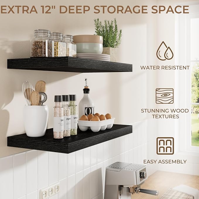 RICHFOCUS Deep Floating Shelves for Wall 2 Pack 12" D 36 Inch Wall Shelves for Room Wall|Wood Hanging Shelf with Invisible Brackets for Bathroom Bedroom Kitchen Laundry Room, Black
