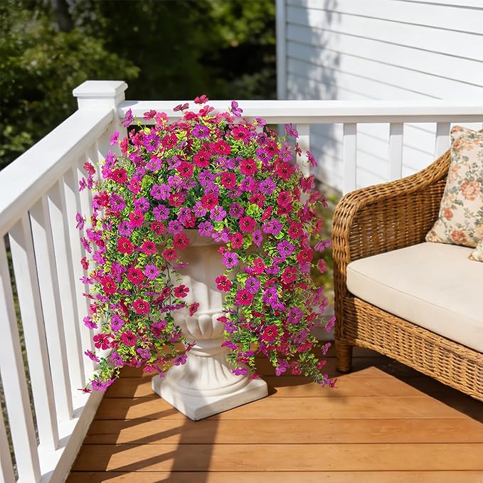 Ammyoo 2Pcs Fake Hanging Flowers for Outdoor Decoration Artificial Hanging Flowers Realistic Daisy Plants UV Resistant, Faux Silk Flower for Porch Patio Window Box Outside Decor(Fuchsia Purple)