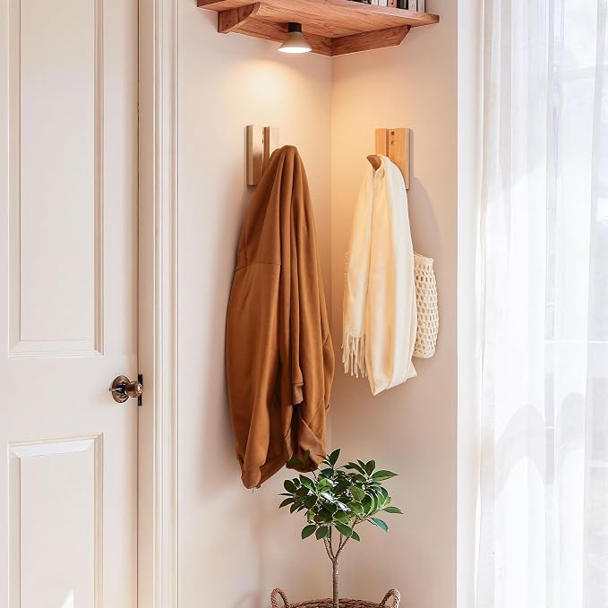 Wall Hooks for Small Space: Foldable Wooden Natural Coat Hooks 2Pack for Limited Spaces Side Walls Closet Corner - Modern Minimalist Decor Hanger for Hanging Towels Backpack Bags Coats