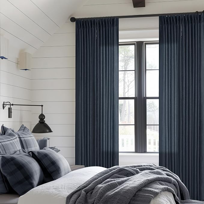 Navy 90 Inch Linen Curtains Pinch Pleated for Living Room Bedroom Dining Boho Modern Light Filtering Pinch Pleat Drapes Hooks Rings Back Tab Semi Sheer Dark Blue Indigo Window Curtains 2 Panels