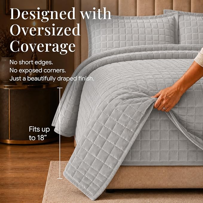 Tribeca Living Luxury Velvet Quilt King Size Set - 260GSM Ultra-Soft Oversized Velvet Bedspread Comforter Set with 2 Shams, in Florence Silver Grey