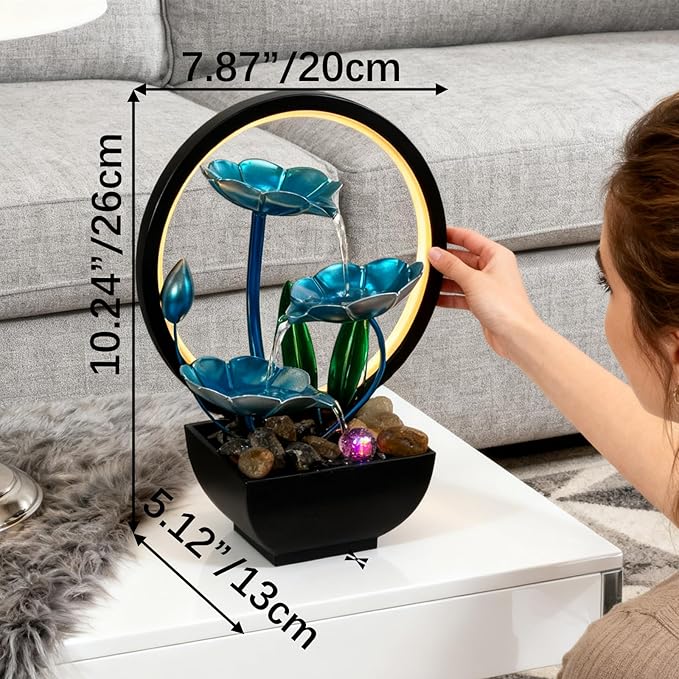 AOZITA Tabletop Fountain, Indoor Waterfall Fountain, Small Home Décor Zen Relaxation Soothing Sound Machine for Office, Living Room, or Bedroom,Blue Metal Lotus with Bud, River Rocks,Round LED
