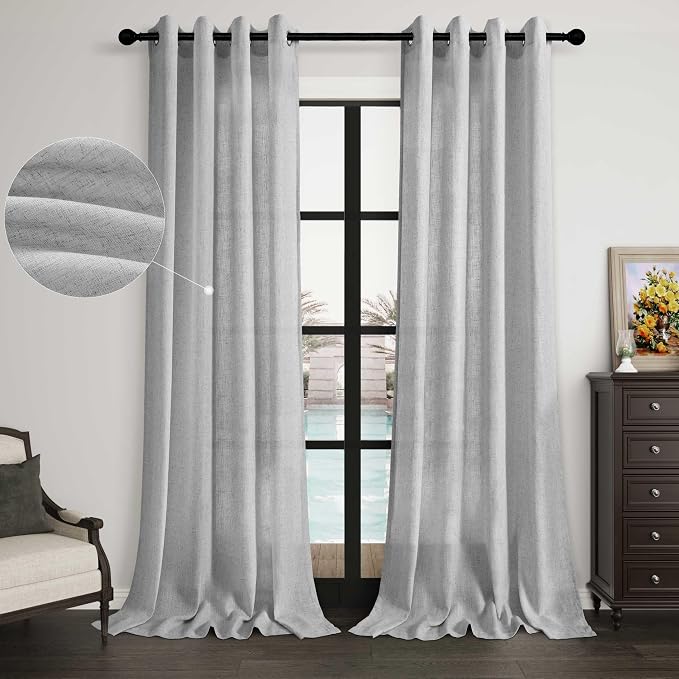Grommet Linen Curtains 96 Inches Long 2 Panel Set for Living Room Cotton Light Filtering Drapes Semi Sheer Neutral Modern Light Grey Gray Window Curtain for Bedroom Patio Sliding Door 8 Ft Tall