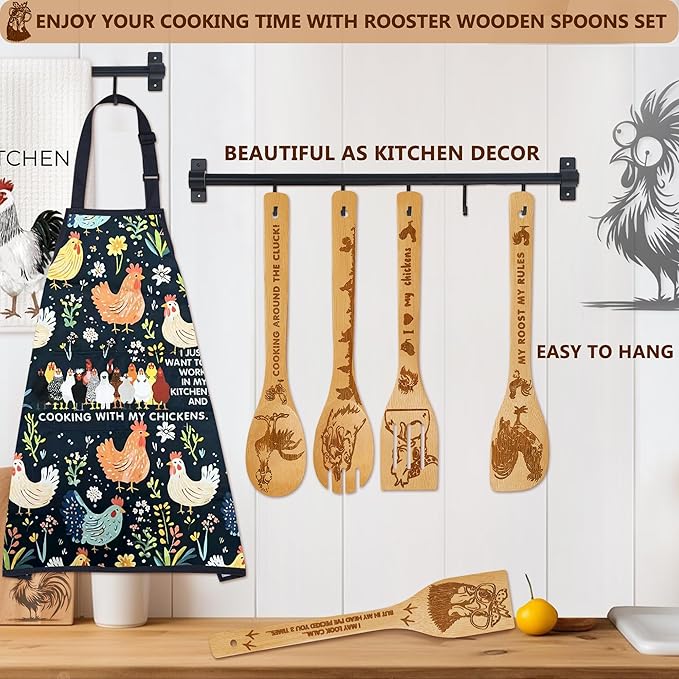 8 PCS Chicken Bamboo Cooking Spoon with Apron and Oven Mitts,Rooster Kitchen Utensil Decor Gifts for Women Chicken Lovers,Roosters Themed Decorations for Home,Housewarming,Birthday,Mother's Day,Easter
