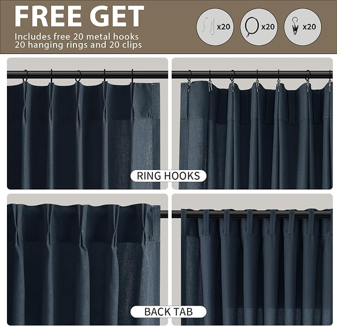Guken Vintage Blue Pinch Pleated Linen Curtains 84 Inches Long 2 Panels Set Vintage Farmhouse Boho Window Curtain for Living Room Bedroom Semi Sheer Back Tab Draps with Hooks Rings Aesthetic Decor