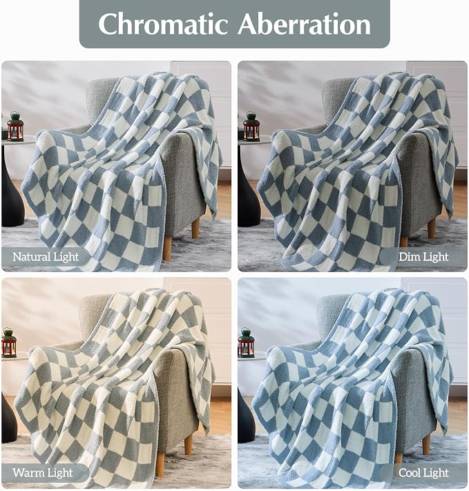 WRENSONGE Soft Twin Size Checkered Blanket for Bed-Cozy Knitted Blankets | Lightweight Fluffy Warm Decor for Women, Mom, Her & Girls, Sofa, Chair, Couch, 60x80in,Grey Blue