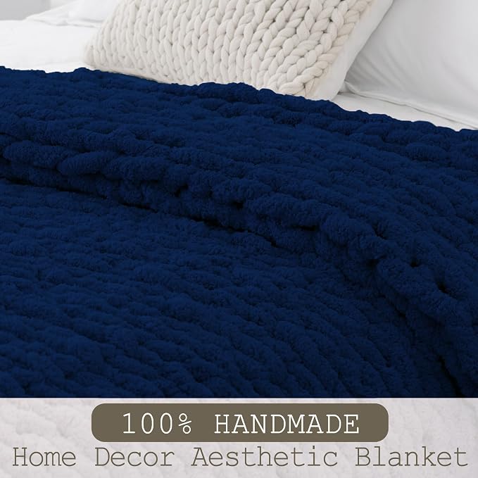 Chunky Knit Throw Blanket 60x80, 100% Handmade Chenille Yarn | 6.7lbs Soft Thick Cable Knitted Blankets, Large Rope Knot Crochet Throws for Couch Sofa Bed Machine Washable, Navy Blue