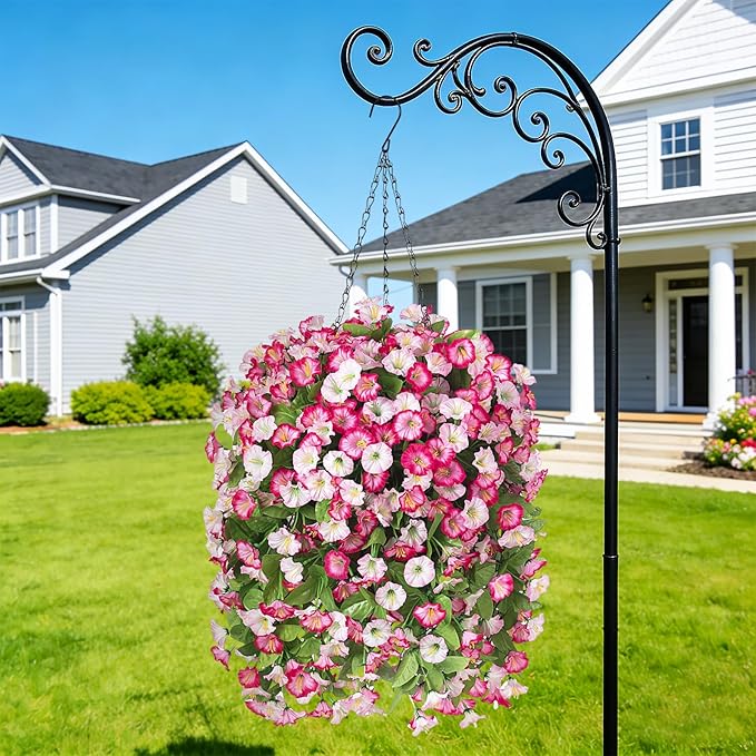 INXUGAO Artificial Fake Hanging Flowers Plants for Outdoor Decoration, 2PCS Faux Silk Morning Glory Long Vines Stems UV Resistant Look Real for Spring Summer Outside Home Porch Patio, Pink