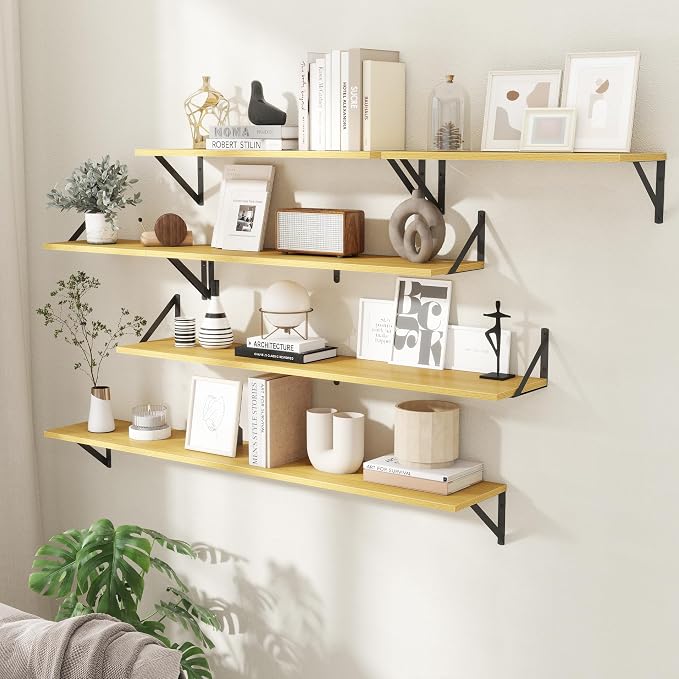 8" Deep Floating Shelves for Wall,16 inch Wood Wall Shelves Set of 2,Wide Floating Bookshelf with Sturdy Metal Brackets,Hanging Storage Floating Shelf for Living Room,Bedroom,Bathroom,Office,Oak