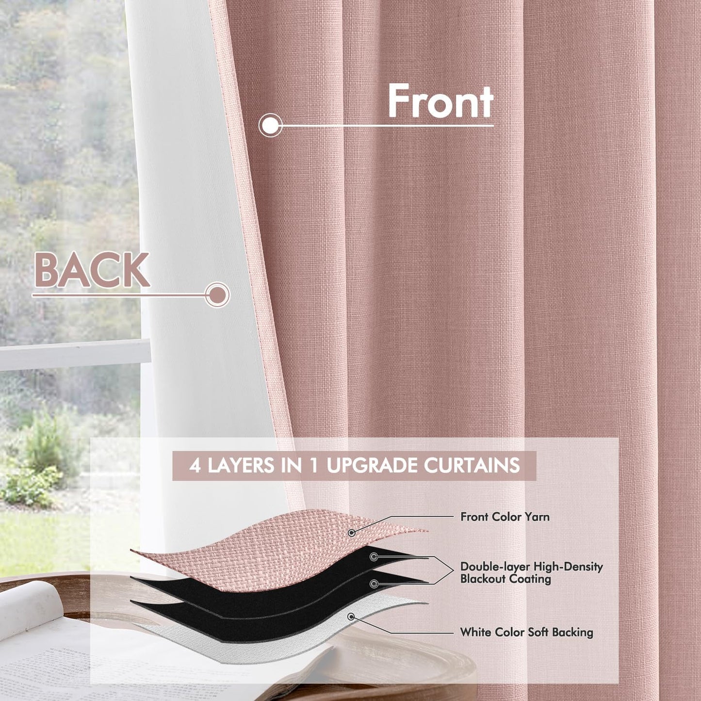 MIULEE 100% Blackout Curtains 108 Inch Long 2 Panels for Bedroom, Thick Luxury Faux Linen Black Out Curtain Room Darkening Back Tab Pleat Window Textured Drapes with Hooks for Living Room, Baby Pink
