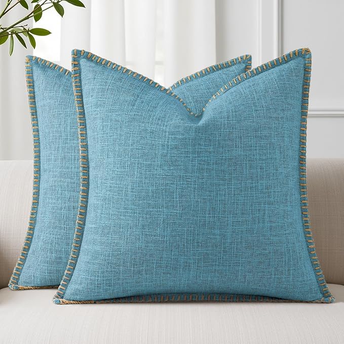 decorUhome Summer Decorative Throw Pillow Covers 16x16 Set of 2 Square Faux Linen Farmhouse Pillow Covers with Stitched Edge Outdoor Pillow Covers for Couch Sofa Living Room, Teal