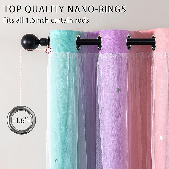 XiDi Girls Blackout Curtains 108 Inches Long for Bedroom, Room Darkening Grommet Window Ombre Curtains 2 Panel Sets, Kids Unicorn Princess Theme Decor Colorful Rainbow Design Pink Purple Green 34x108