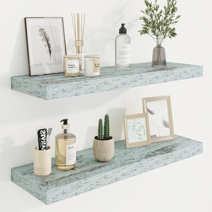 30in Floating Shelves for Wall, 30"W x 9.25"D x 1.25"H, 2 Pack Long Wall Mounted Engineered Wood Shelves with Invisible Brackets for Living Room, Bedroom, Bathroom, Kitchen Decor and Storage, Blue