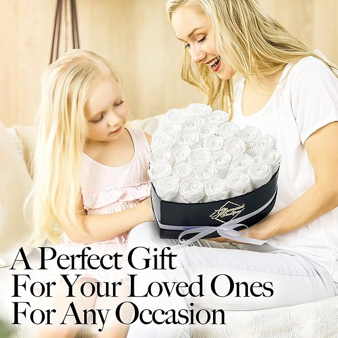 GLAMOUR BOUTIQUE 27 Flower Forever Heart Shape Box, Eternal Preserved Roses Gift for Her, Lasting Flowers, Premium Floral Heart Box for Birthday, Anniversary or Valentine’s Day, White (Color-Treated)