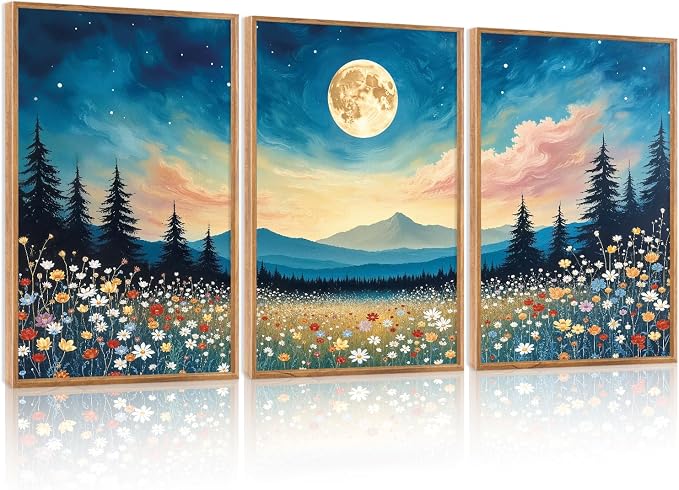 HOURIA 3Pcs Nature Mountain Forest Landscape Canvas Wall Art (16"x24"), Abstract Mystical Moonlight Wildflowers Wall Decor,Framed Colorful Wilderness Field Botanical Art Print for Bedroom Office Living Room Farmhouse