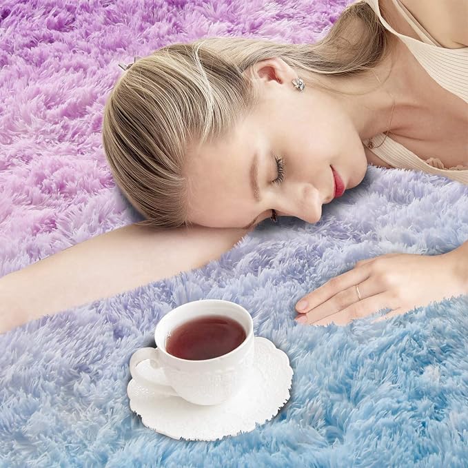 A Nice Night Shaggy Fluffy Faux Fur Area Rug, BluePurple Tie Dye Star Glitter Printed,Soft, Luxurious Carpet Rugs for Nursery Rug, Bedroom, Living Room,5'x7'