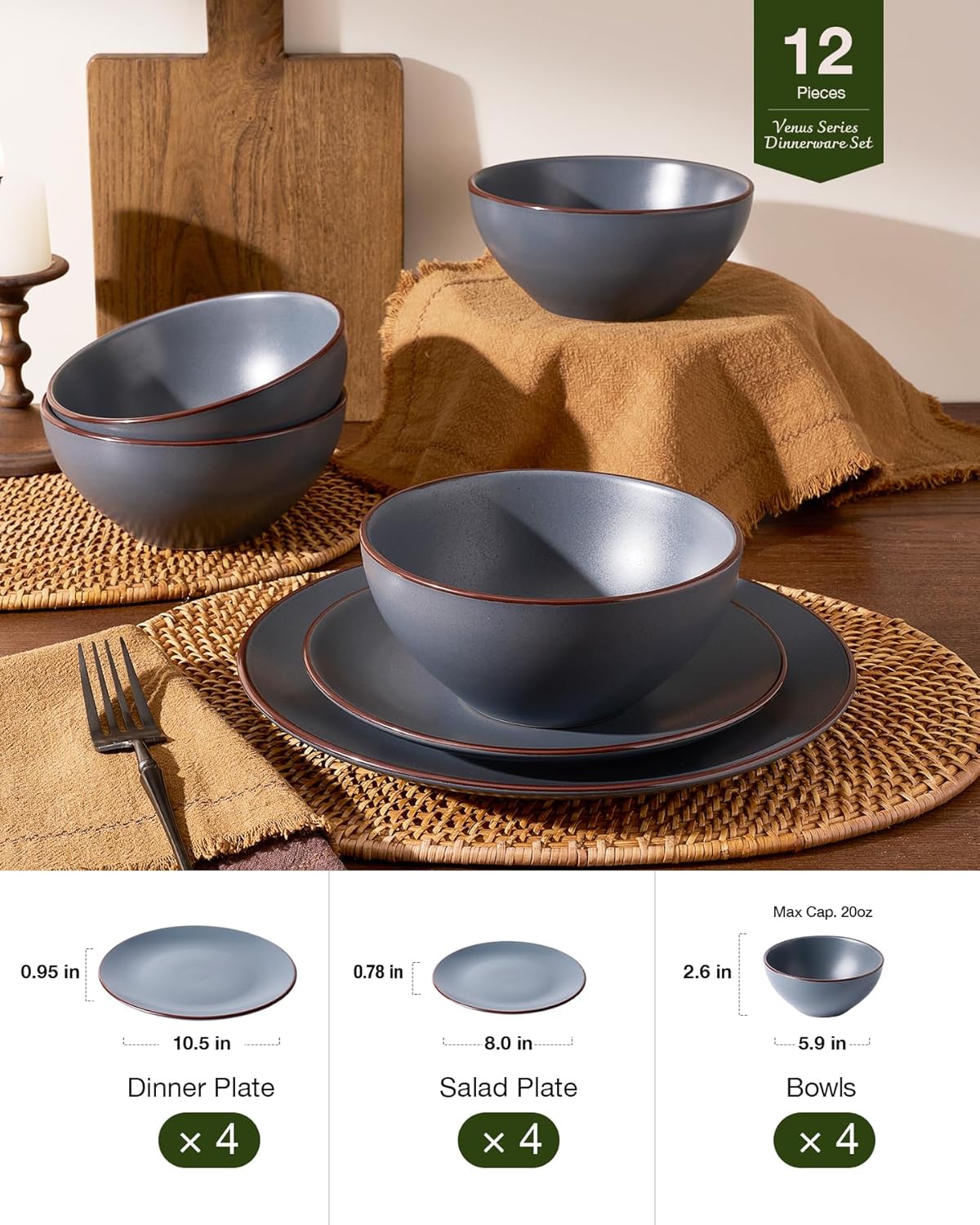 Famiware Venus Plates and Bowls Sets, 12 Pieces Stoneware Speckled Dinnerware Sets, Dishes Set for 4, Microwave and Dishwasher Safe, Matte Charcoal