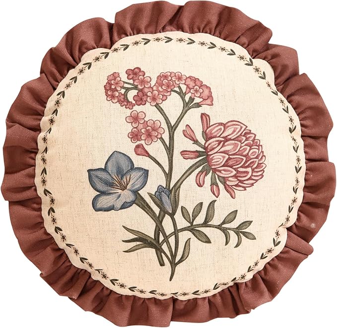 ISAENNE Designer Vintage Linen Throw Pillow Cover,Diameter 16"-Helena D | French Elegant Round Decor Pillow Cover,Concealed Zipper Design,Floral Pattern,Sofas,Bedroom,Living Room,Lounge Chairs