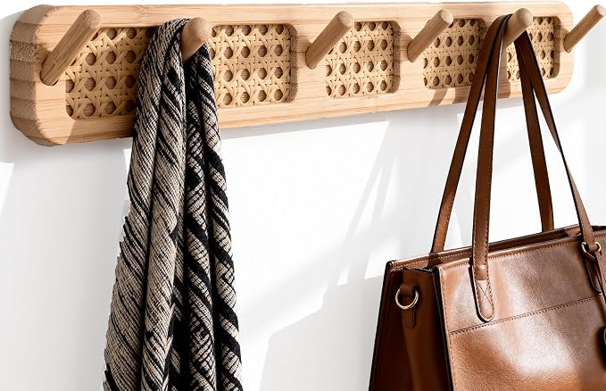 Coat Rack Wall Mount, Rattan Coat Hooks Hanger Wall Mounted | 6 Heavy Duty Bamboo Hooks Rack Rail for entryway Hanging Clothes Hats Bags Jackets Towels Plants,Natural