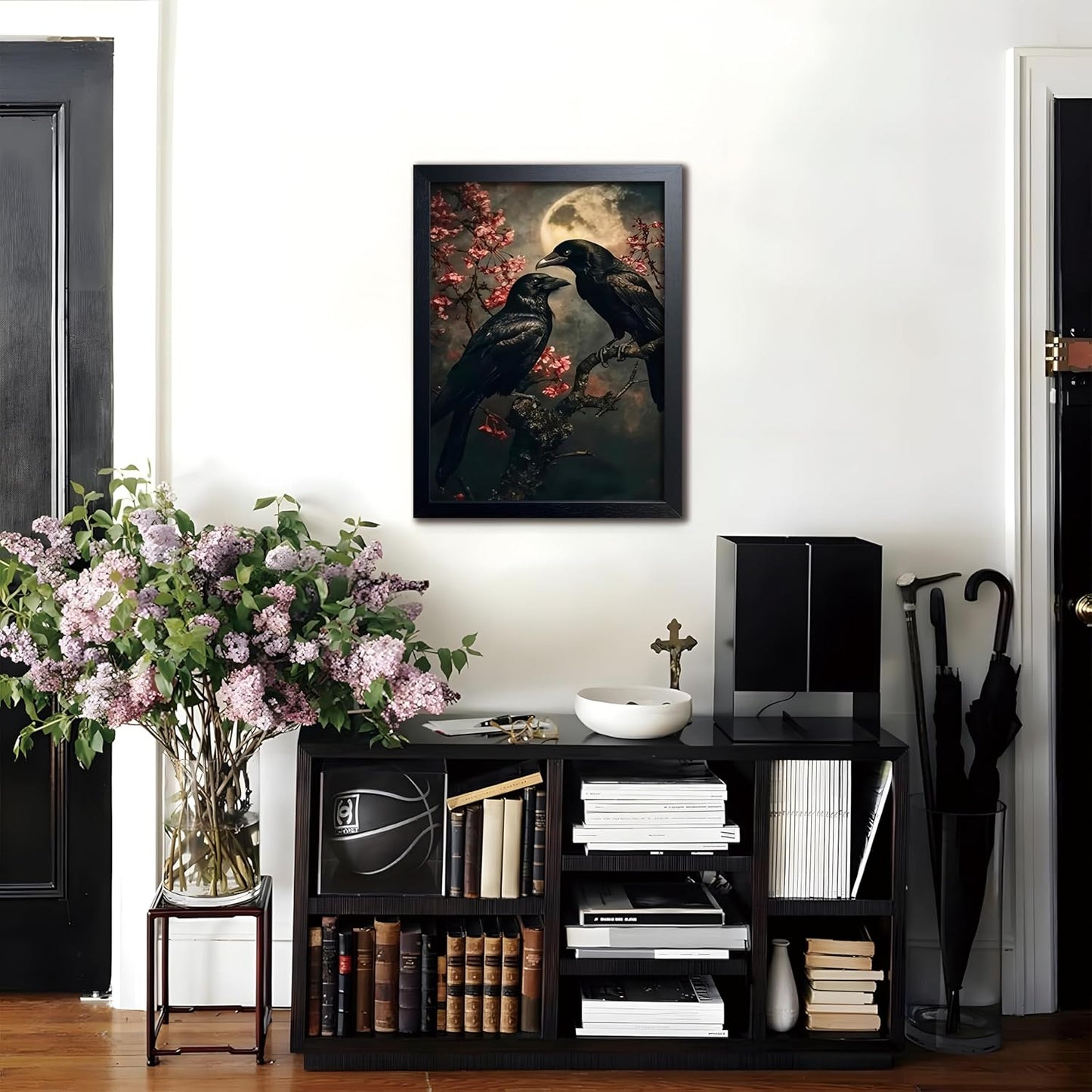Black Wood Framed Halloween Canvas Wall Art Painting, Vintage Black Crow Cherry Blossom Wall Decor Picture, Dark Academia Gothic Poster Print Photo for Living Room Bedroom Office Decor 16x24 Inch