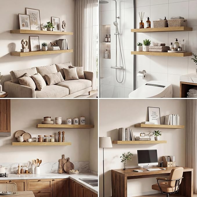 Dreamland 40 Inches Floating Shelves for Wall, 9.3" Deep Long Floating Shelves Set of 2, Large Display & Storage Shelf, Wall Shelf for Bathroom Bedroom Living Room Kitchen Office, Oak