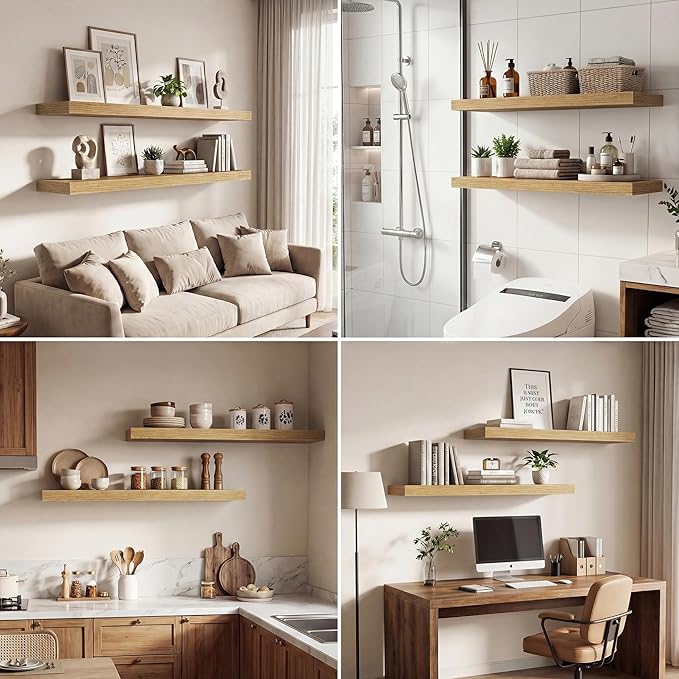 Dreamland 55 Inches Floating Shelves for Wall, 9.3" Deep Long Floating Shelves Set of 1, Large Display & Storage Shelf, Wall Shelf for Bathroom Bedroom Living Room Kitchen Office, Oak