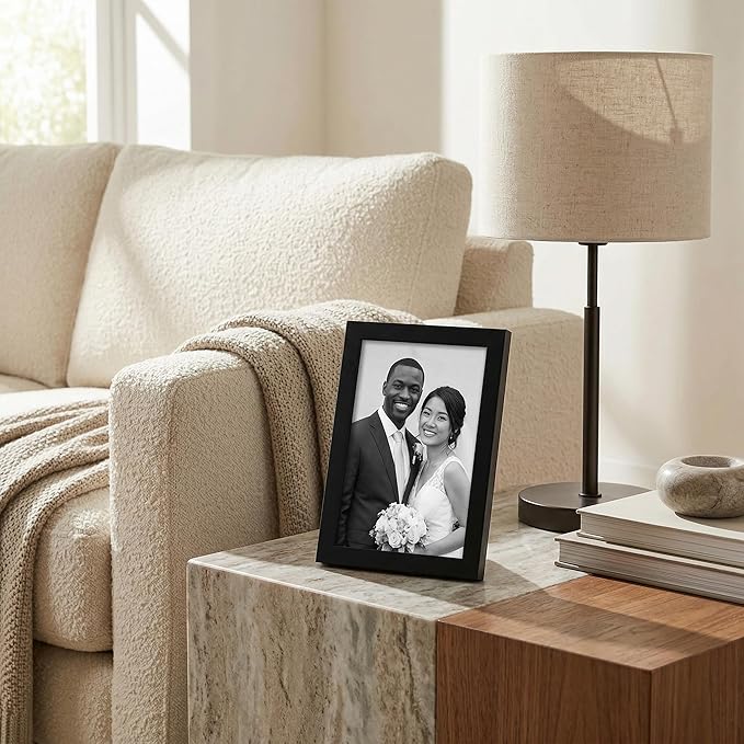 Americanflat 4x6 Picture Frame with Shatter-Resistant Glass - Streamline Collection - Thin Border Photo Frame for Tabletop and Wall Display - Hanging Hardware and Easel Stand Included - Black