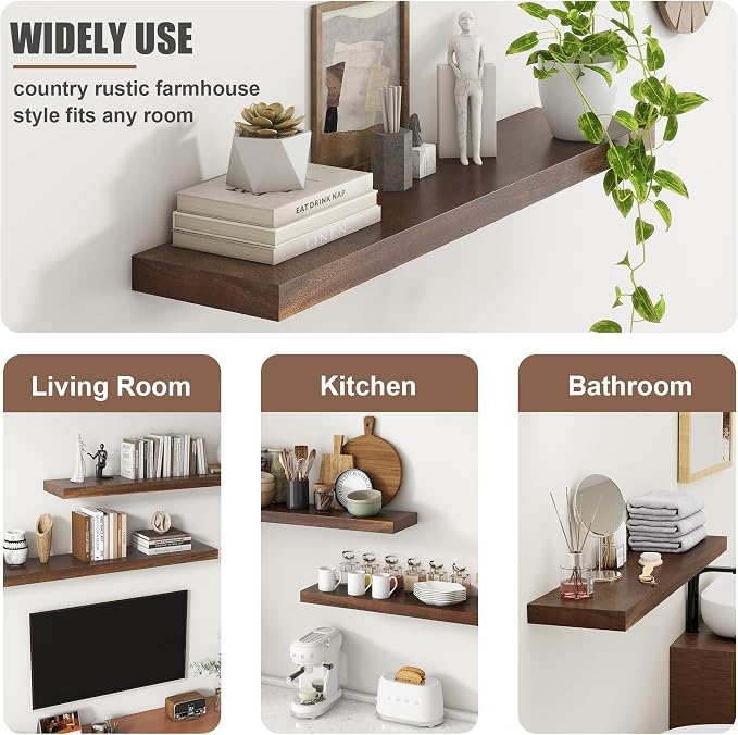 FLYJOE Floating Shelves for Wall, USA-Sourced Walnut Wood 36 Inch Long Wall Shelves Set of 2, Natural Wooden Wall Mounted Picture Ledge Shelf, Nursery Book Storage Shelf Kids Bookshelf, Display Shelf