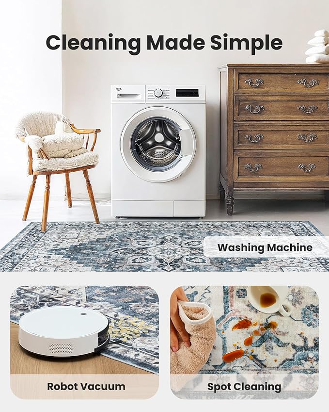 AMADA HOMEFURNISHING Round 8ft Area Rugs, Low-Profile Washable Rug with Non-Slip Backing & Durable Edge Binding, Vintage Rugs for Living Room, Bedroom, Dinning Room