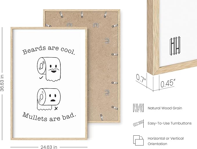 HAUS AND HUES Funny Bathroom Decor – Beard and Mullet Artwork, Playful Restroom Poster, Humorous Washroom Accent (24x36, Beige Frame)