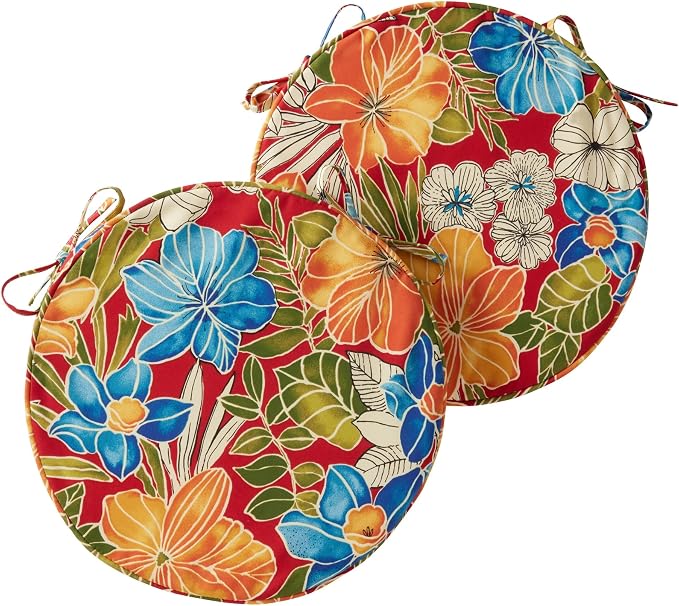 Set of 2 Outdoor 18 inch Round Patio Dining Chair Pads – Comfortable Fiber-Filled Seat Cushions with Ties, Reversible Polyester Fabric, Aloha Red Floral