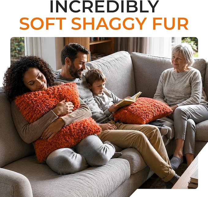 Cheer Collection Throw Pillows for Couch and Bed, Soft Shaggy Throw Pillows with Inserts Included, Cozy Long Hair Faux Fur Pillows - Set of 2-18" x 18" - Rust Orange