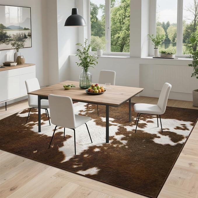 DweIke Cow Print Rugs for Living Room, 8x10 Large Soft Faux Animal Cowhide Area Rug, Washable Non-Slip Stain Resistant Throw Carpet for Dining Room Office Western Home Decor, Light Brown