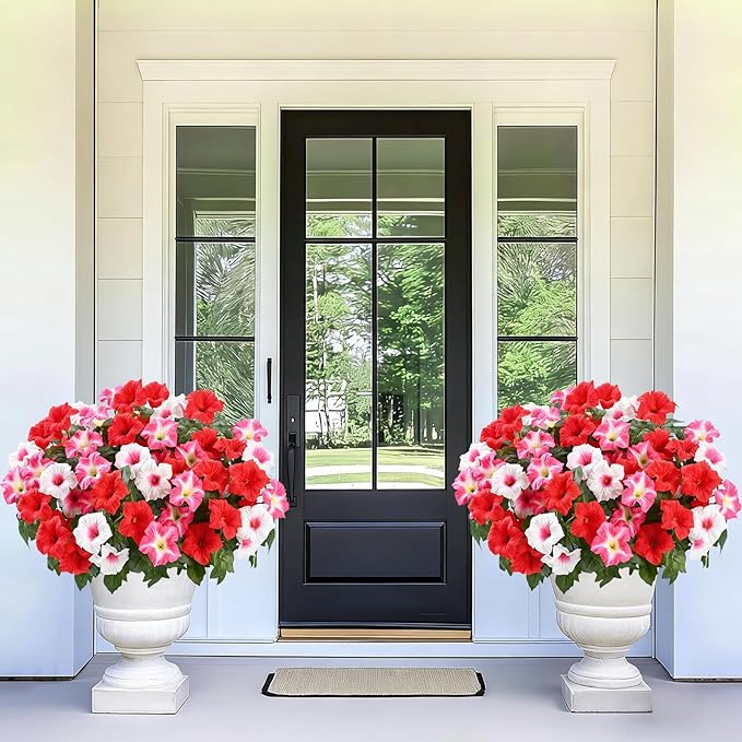 MARTINE MALL Artificial Flowers for Outdoors, 4 Bundles Realistic Fake Outdoor Flowers, UV Resistant Silk Petunia Flower for Outside Look Real Faux Flower Plants for Outdoor Porch, Red Pink White