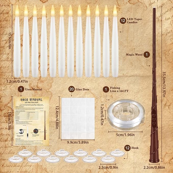 12White Flameless Floating Candles with Wand Remote, Magic Hanging Candles with String, Taper Candle Flickering Flameless Light Halloween Candles for Halloween Christmas Birthday Party Decor.