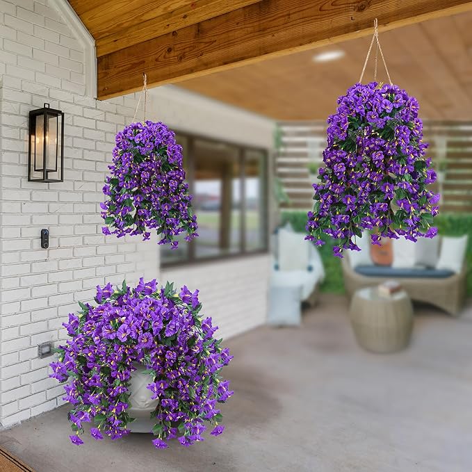 Sggvecsy Artificial Fake Hanging Flowers Plants for Outdoor Outside Spring Summer Decoration 4PCS Faux Silk UV Resistant Realistic Morning Glory Trailing Vines for Home Porch Patio Balcony(Purple)