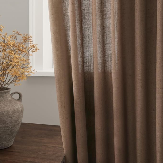 Caramel Brown Linen Curtains 90 Inch Length 2 Panels Set for Living Room Back Tab Rod Pocket Window Drapes Light Filtering Modern Farmhouse Curtain 90 Inches Long for Dining Room Nursery 52x90