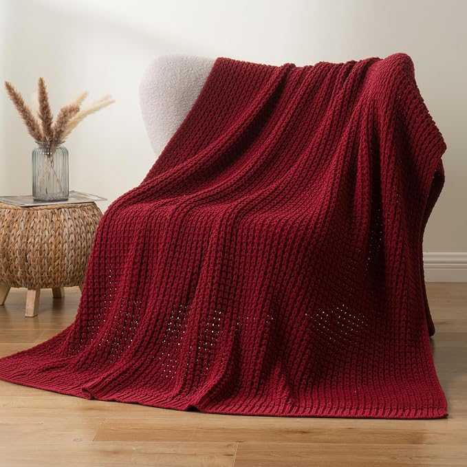 Bunnikins & Clover Christmas Throw Blanket for Couch, Knitted Waffle Throw Blanket, Red Blanket Throw for Women Mothers Birthday Gifts, 50"x60"