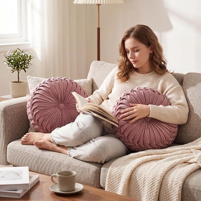 Drydiet 2 Pcs Round Throw Velvet Pillows Decorative Pleated Throw Pillows Diameter Accent Pumpkin Boho Chair Cushion for Couch Sofa Home Decoration (Dusty Rose,15'')