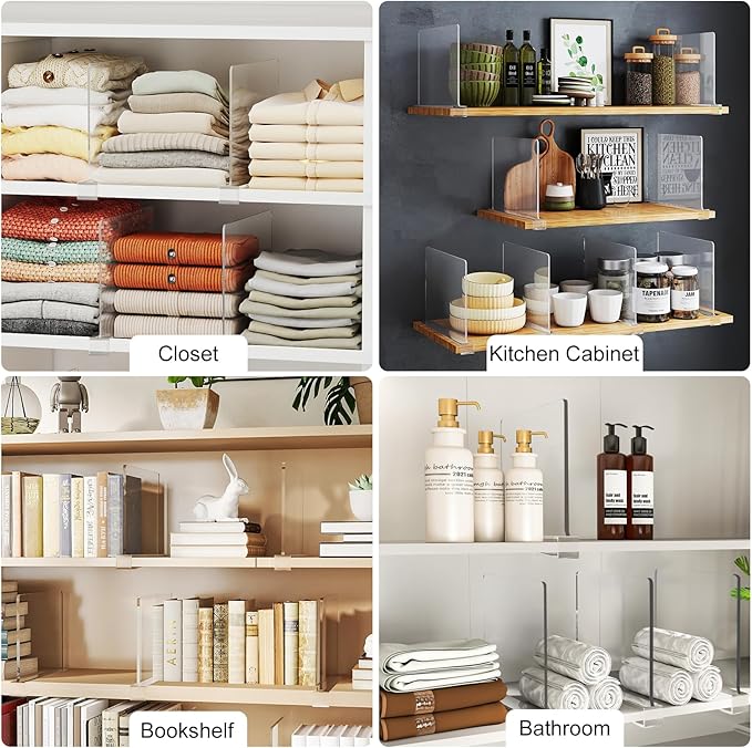 Purse Organizer for Closet Shelf Dividers: 11-inch Tall(Higher Version) Adjustable Clear Acrylic Bag Storage Organizer for Handbags, Sweaters, Towels, Jeans and Shoes on Wood Shelves 6-Pack