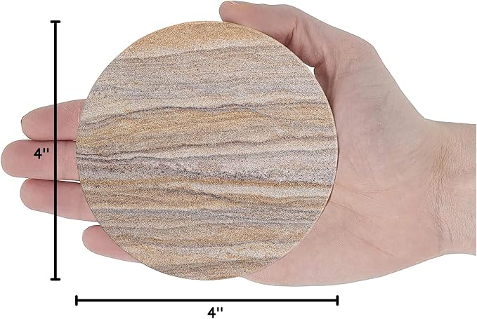 Sandstone Water Absorbent Hand Crafted Round Coasters for Drinks - 4 Inches Wide Thirsty Stone Bar/Drink Coasters- Made from Rainbow Sandstone (Set of 4 Without Holder)