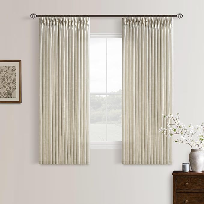 TWODRAPES Pinch Pleated Beige Linen Curtains 54 Inch Long for Kitchen with Rings Hooks Back Tab Light Filtering Farmhouse Short Semi Sheer 54 Inch Curtain for Dining Room Bedroom Small Window W50xL54