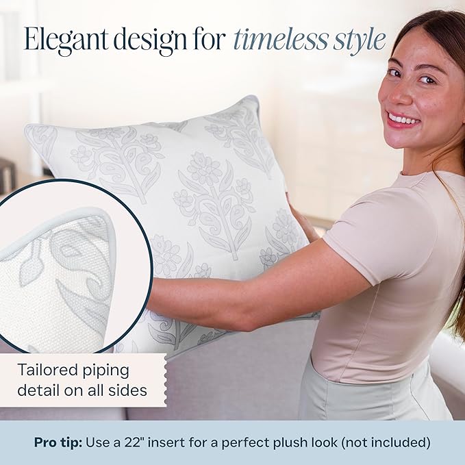 Jillien Harbor “The Naples” Floral Block Print Pillow Cover – Soft Grey and Off-White Decorative Throw Pillow Cover – Grandmillennial Home Decor, 24" x 24"