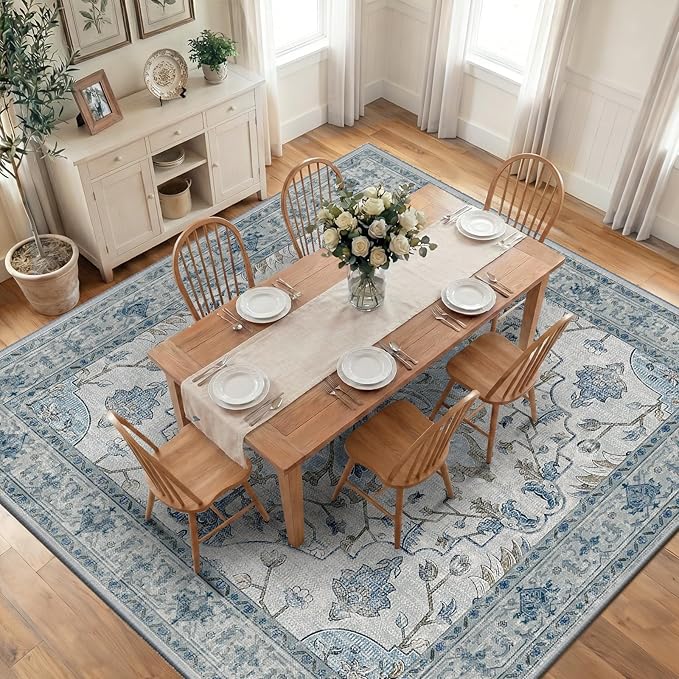 RELEANY Area Rugs Square 10ft Washable Non-Slip, Floral Vintage Distress Print Pattern Medallion Carpet for Living Room Bedroom Dining Room, Light Blue Navy Beige Gray White