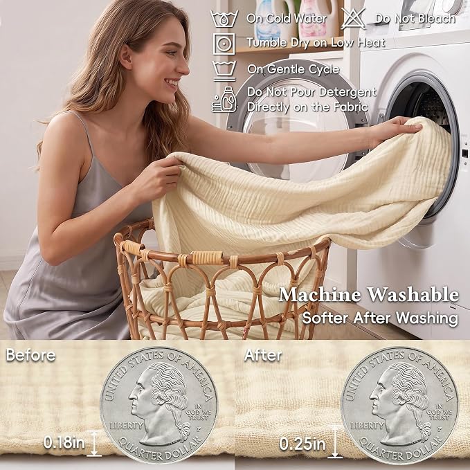 David's Home Soft Muslin Blanket Twin Size for Adults, 60% Rayon 40% Cotton, Breathable Lightweight Cooling Blanket for Hot Sleepers, 4-Layer Cozy Gauze for Bed, 66"x90", Natural/Birch